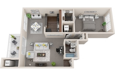 1 bed 1 bath, 983sf 3d floor plan   at Kenilworth at Charles Apartments, Towson, MD